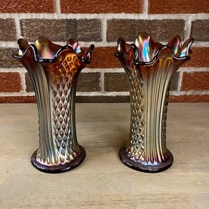 Northwood Antique CARNIVAL GLASS Amethyst  Diamond Point Carnival Glass Vases